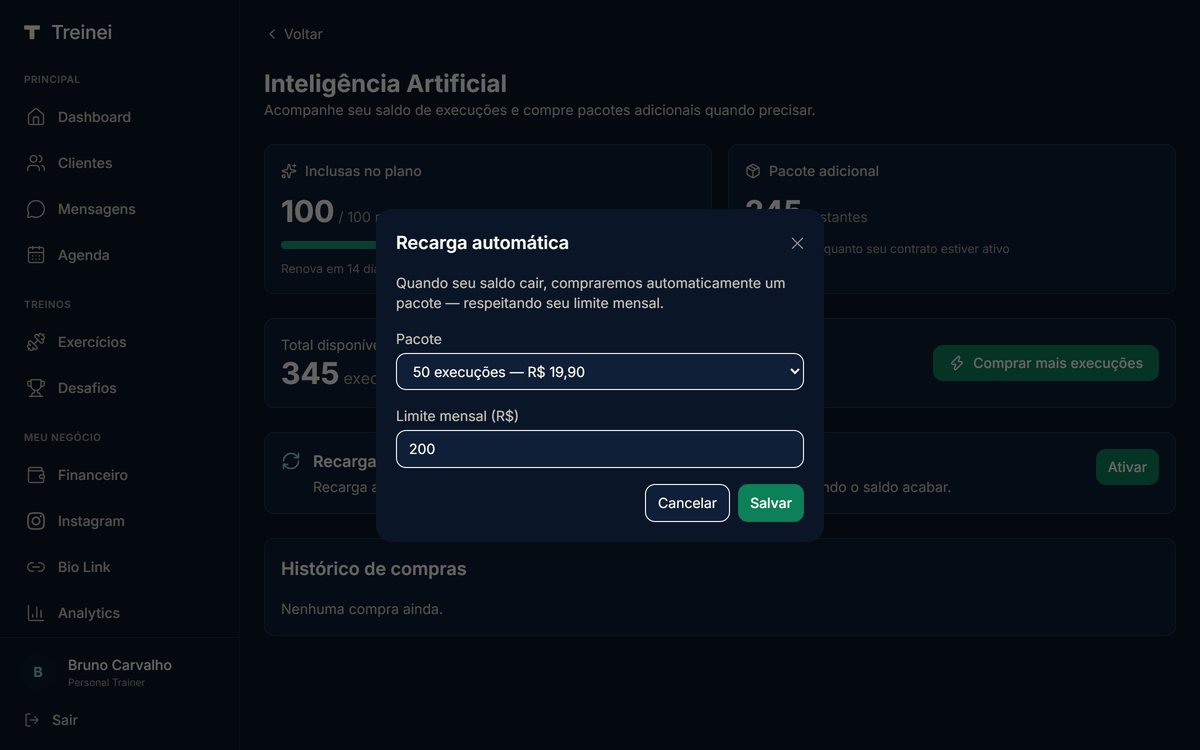 Modal "Recarga automática" com dropdown de pacote (50 execuções — R$ 19,90 selecionado), campo Limite mensal R$ (200), botões Cancelar e Salvar