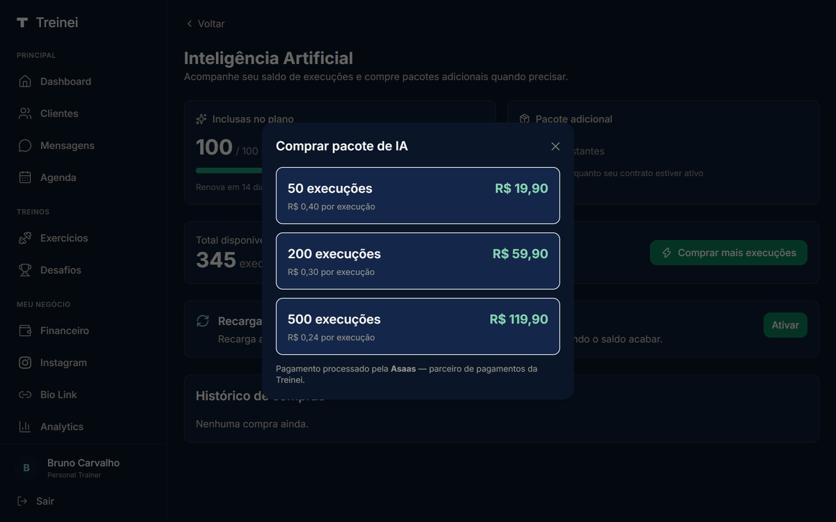Modal "Comprar pacote de IA" mostrando os três pacotes disponíveis: 50 execuções por R$ 19,90, 200 execuções por R$ 59,90, 500 execuções por R$ 119,90 — cada card mostra o preço por execução abaixo
