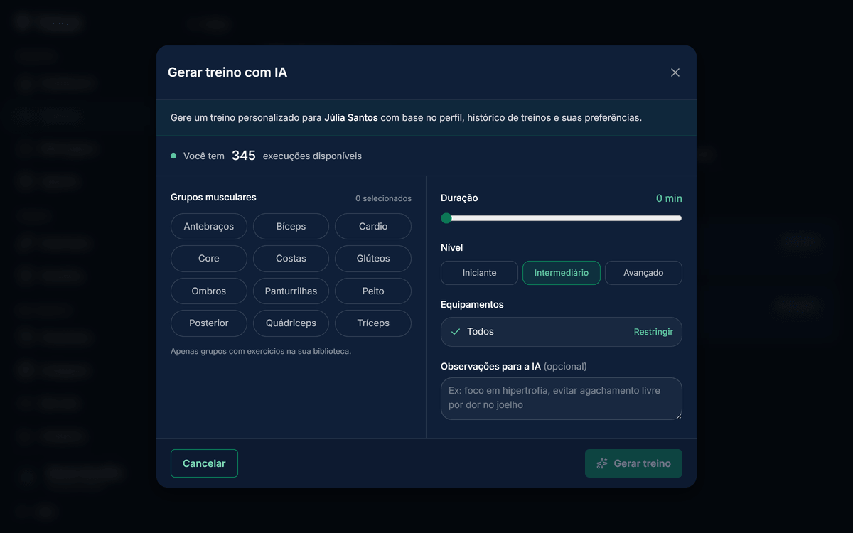 Modal Gerar treino com IA: coluna esquerda com pílulas dos grupos musculares, coluna direita com Duração, Nível, Equipamentos e Observações para a IA. Linha superior mostra "Você tem N execuções disponíveis".