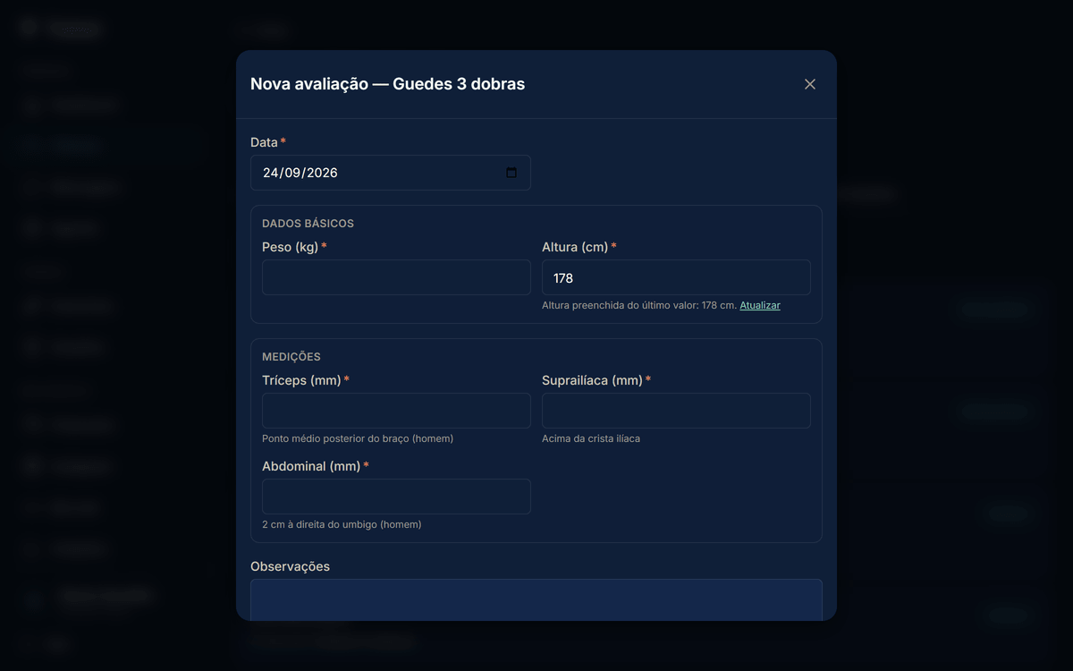 Formulário do template Guedes 3 para um aluno (sexo masculino cadastrado), com campos peso, altura e as dobras masculinas tríceps, suprailíaca e abdominal