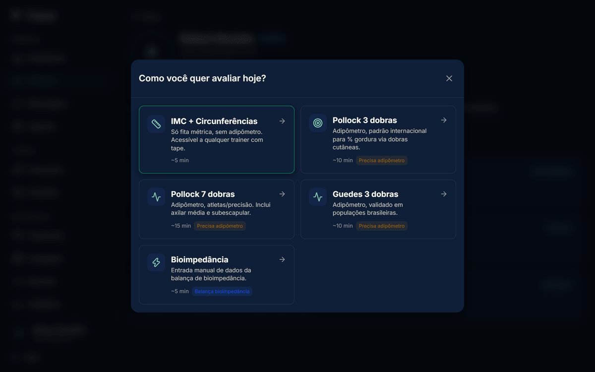 Tela "Como você quer avaliar hoje?" com cards dos 5 templates: IMC + Circunferências, Pollock 3, Pollock 7, Guedes 3 e Bioimpedância