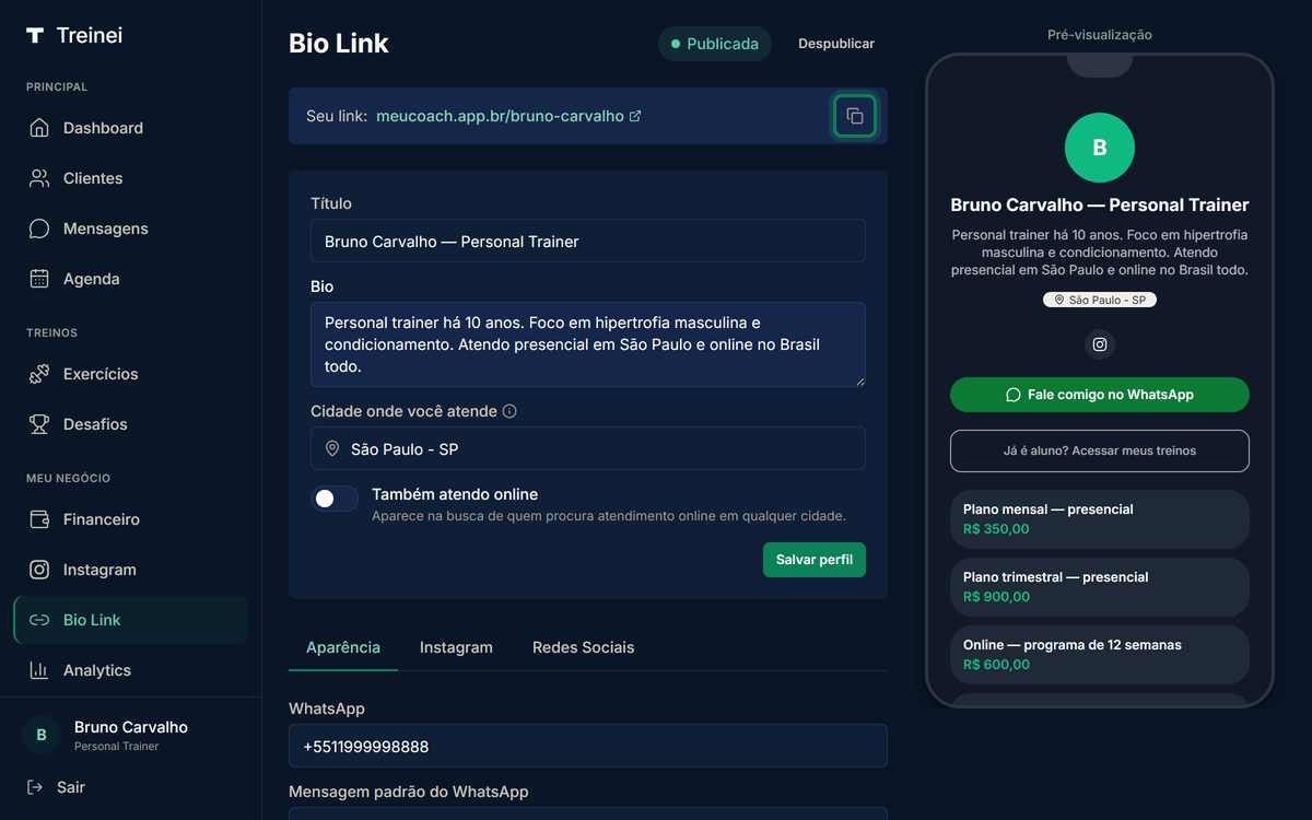 Página /bio-link com retângulo verde destacando o botão de copiar URL ao lado do endereço completo