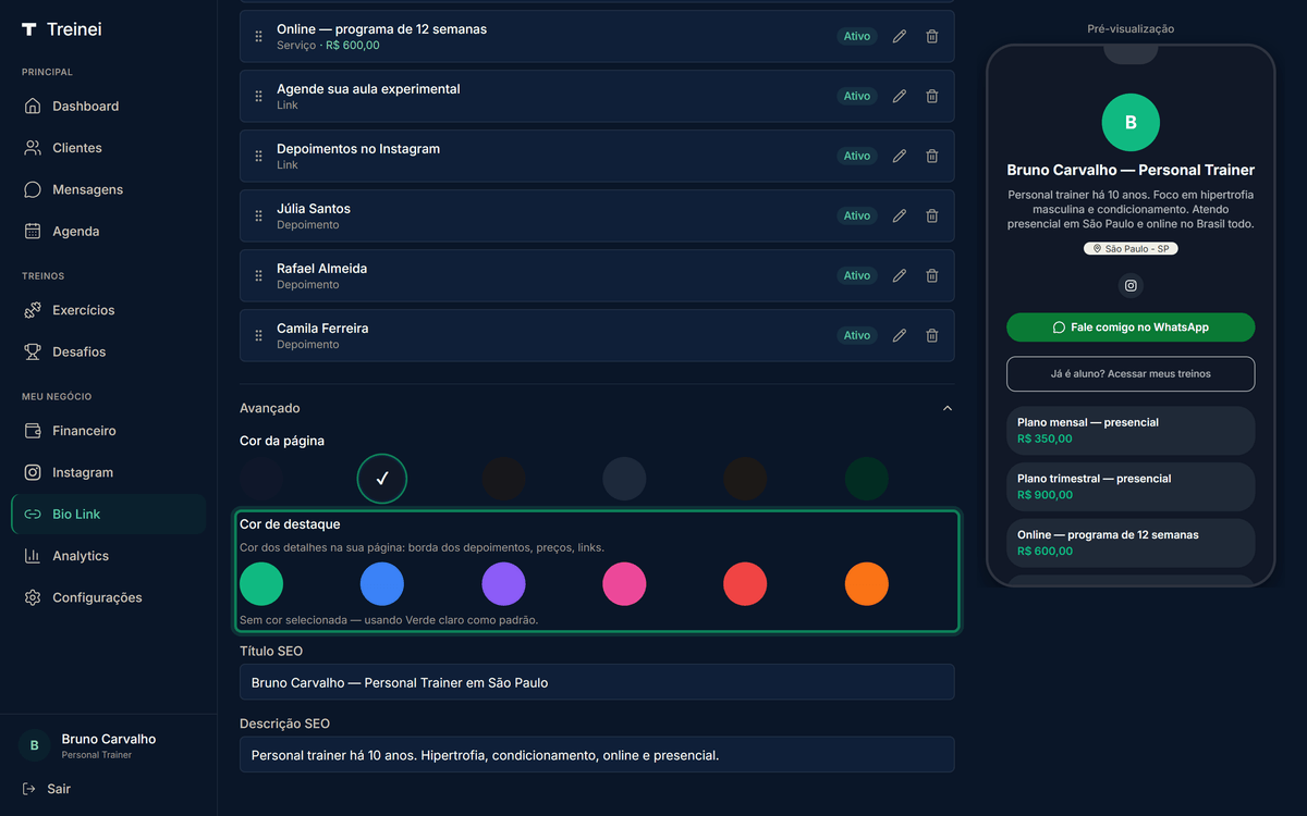 Seção Avançado de /bio-link com pickers Cor da página e Cor de destaque mostrando 6 swatches por modo + hint "Sem cor selecionada" indicando a cor padrão em uso