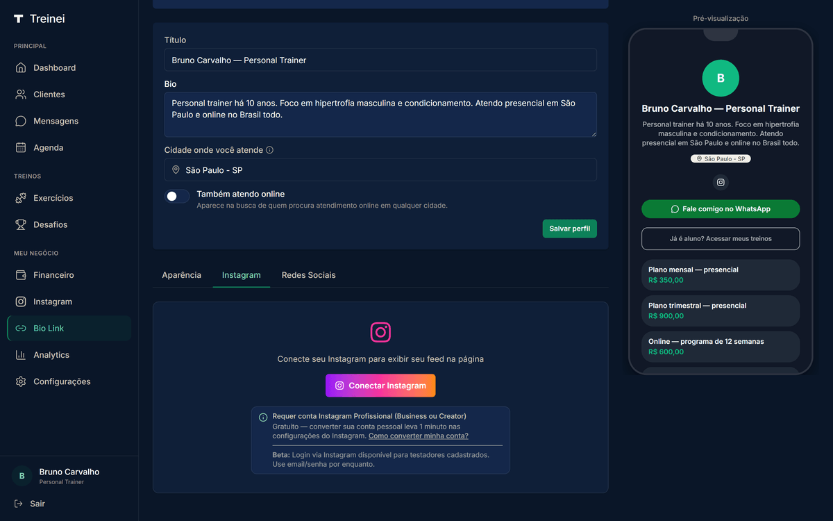 Aba Instagram do /bio-link com header do perfil acima e card "Conecte seu Instagram para exibir seu feed na página" com botão Conectar Instagram