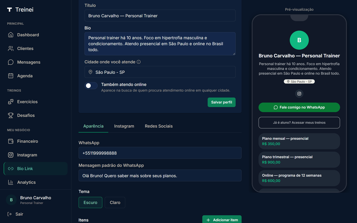 Lista de itens da bio link mostrando 3 Serviços com preço, 2 Links e 3 Depoimentos com handle de drag, badge Ativo e ícones de editar e remover