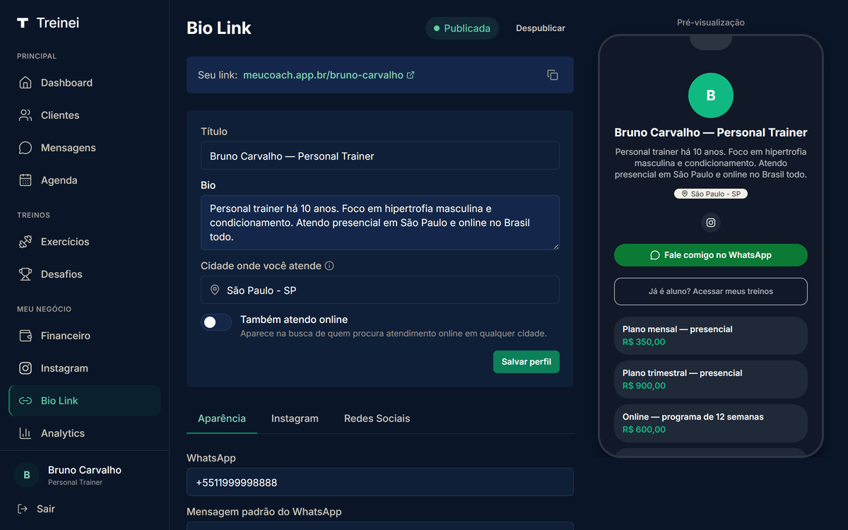 Página /bio-link mostrando o status de publicação, o endereço atual destacado em verde com botão para copiar e os campos Título e Bio