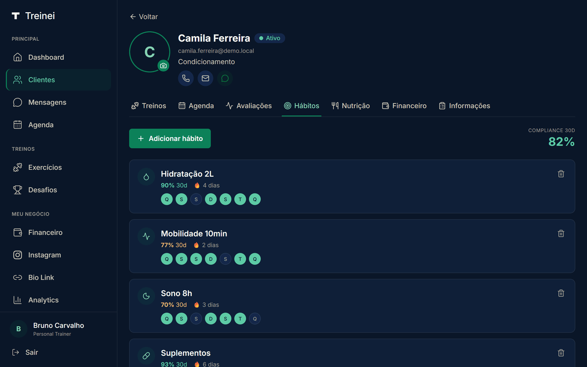 Aba Hábitos da Camila: cada card mostra nome, % de compliance com a janela real ("78% 22d"), círculos de 7 dias com letra do dia da semana (D S T Q Q S S), e calendário tradicional Dom-Sáb com cores por dia.