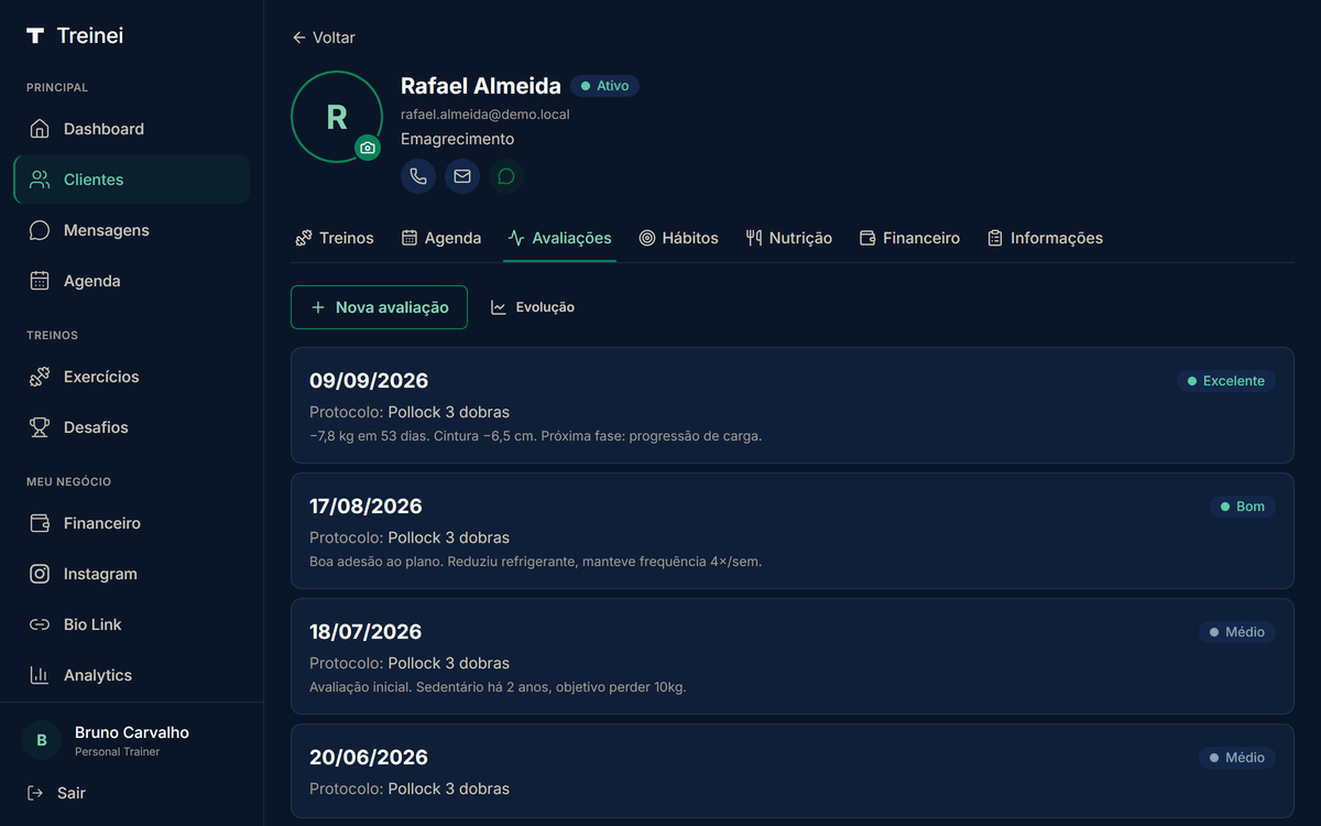 Aba Avaliações do perfil do aluno com lista de avaliações registradas e botões Nova avaliação + Evolução