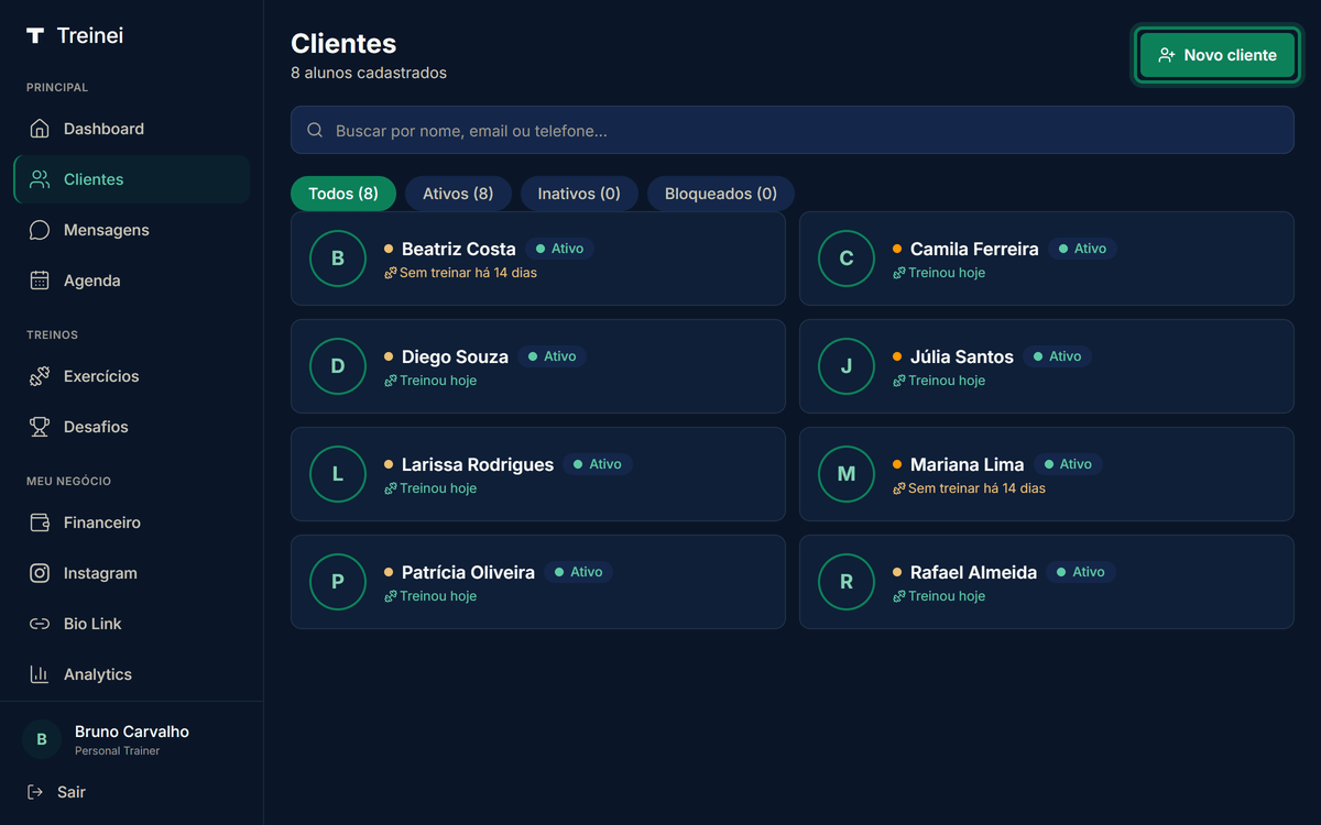 Lista /clients com retângulo verde destacando o botão Novo cliente no topo