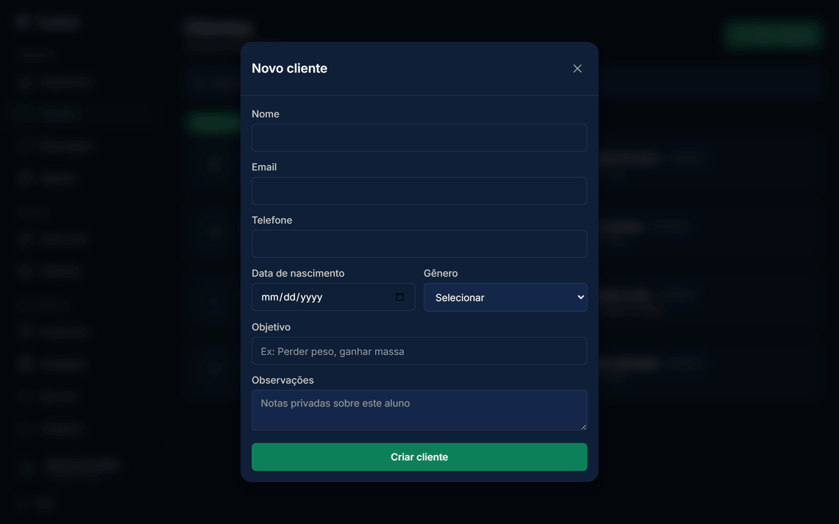 Modal Novo cliente com campos Nome, Email, Telefone, Data de nascimento, Gênero, Objetivo e Observações