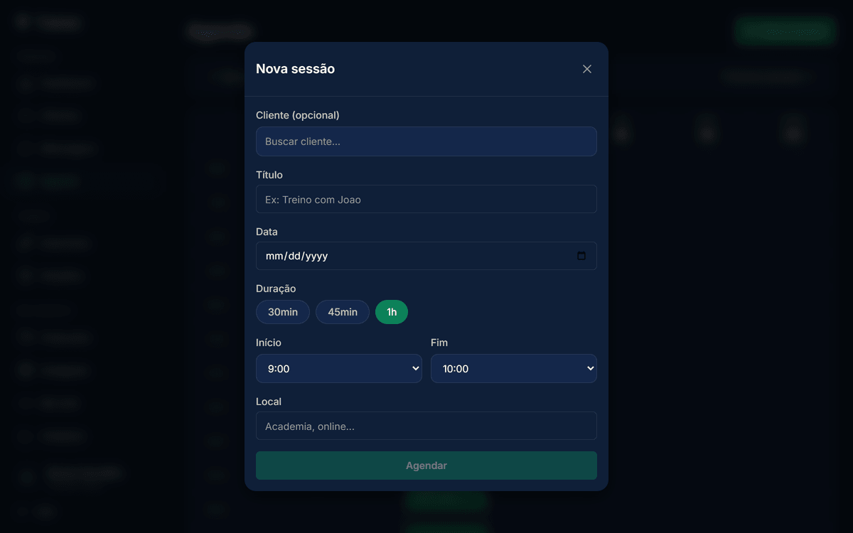 Modal Nova sessão com campos Cliente (opcional), Título, Data, Duração, Início, Fim e Local, e botão Agendar
