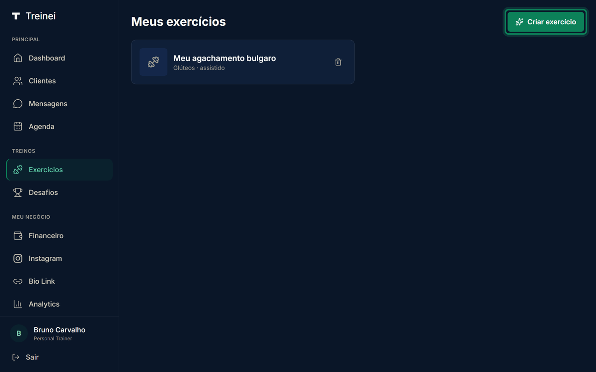 Página /exercises com retângulo verde destacando o botão Criar exercício