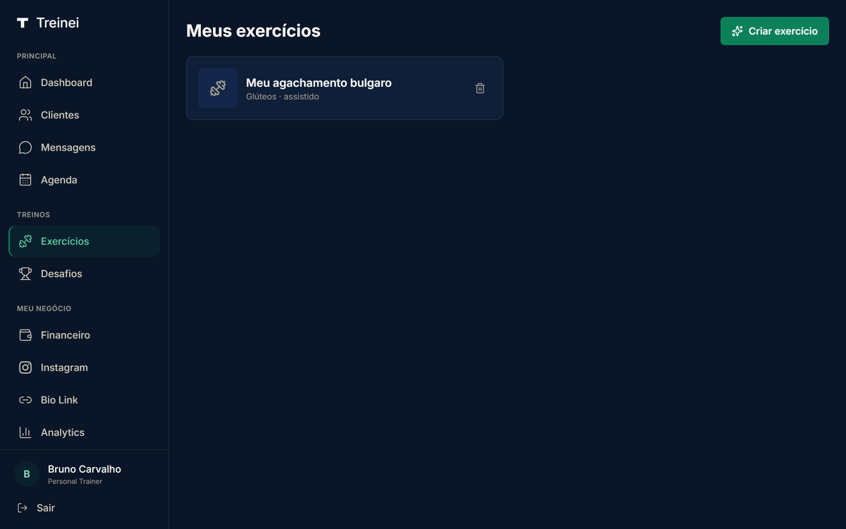 Página Meus exercícios (/exercises) mostrando a lista de exercícios personalizados e o botão Criar exercício