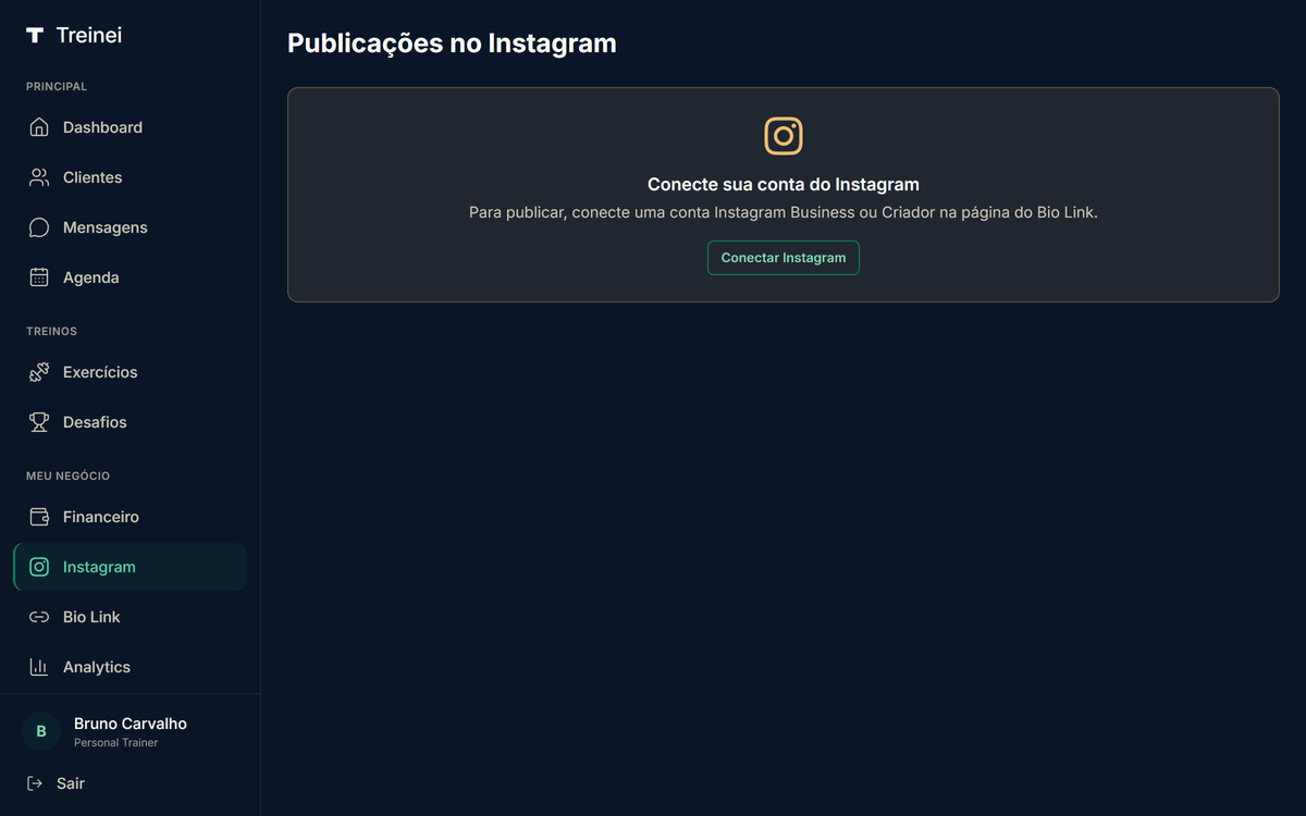 Página /instagram com aviso "Conecte sua conta do Instagram" e botão "Conectar Instagram" que leva ao bio link