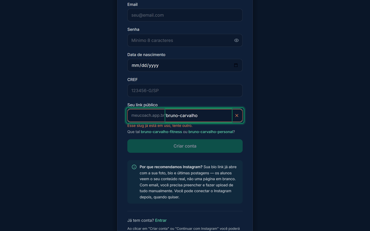 Campo Seu link público preenchido com "bruno-carvalho" mostrando X vermelho indicando que já está em uso