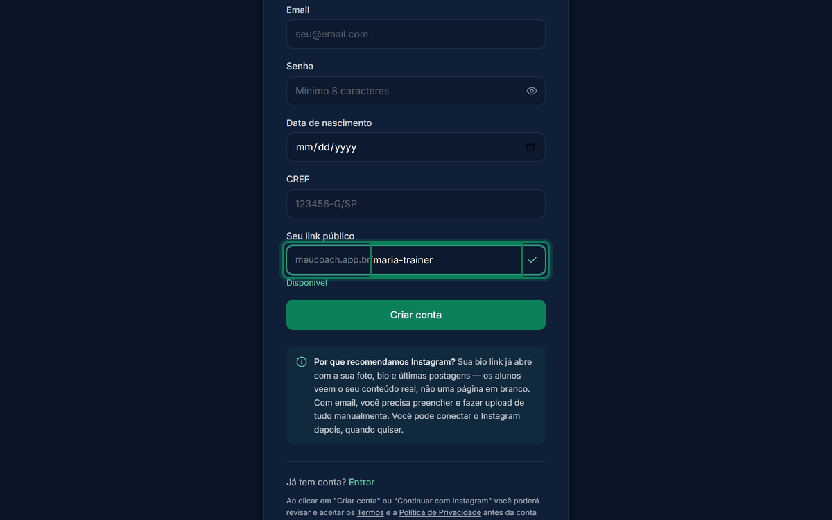Campo Seu link público preenchido com "maria-trainer" e check verde indicando disponibilidade