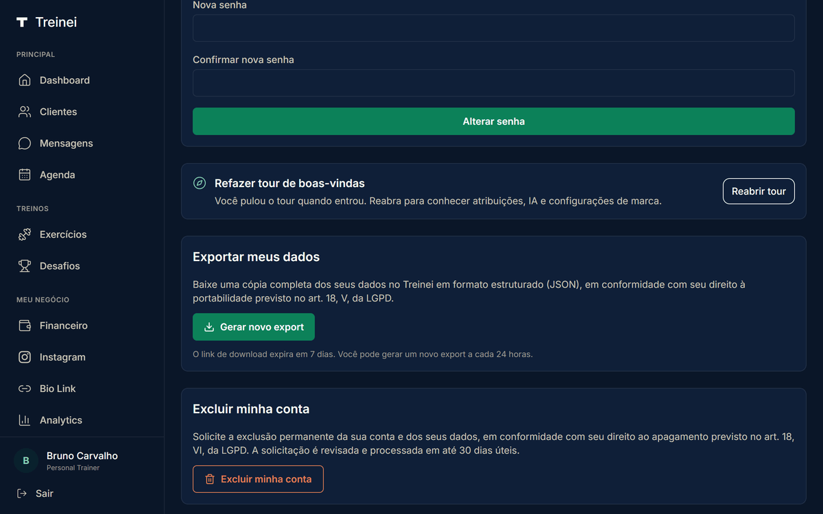 Cartão "Exportar meus dados" em /settings com explicação sobre LGPD, botão "Gerar novo export" e nota sobre cooldown de 24h