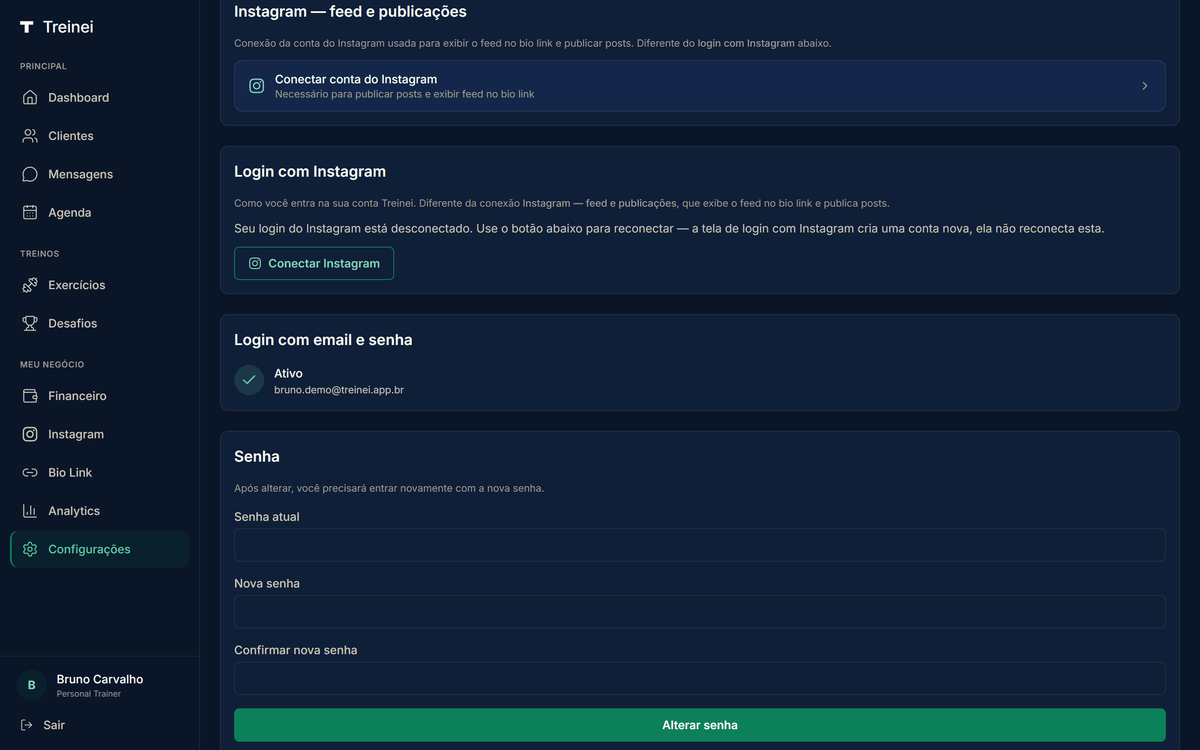 Seção de Instagram e login em /settings: cartão "Instagram — feed e publicações" no topo, logo abaixo o cartão "Login com Instagram" com botão "Conectar Instagram" para reanexar a mesma conta sem criar tenant novo, e por último o cartão "Login com email e senha" marcado como Ativo