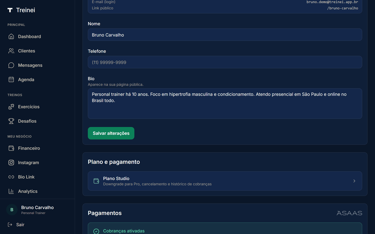 Cartão Pagamentos em /settings com banner verde "Cobranças ativadas" e o logo do Asaas no canto