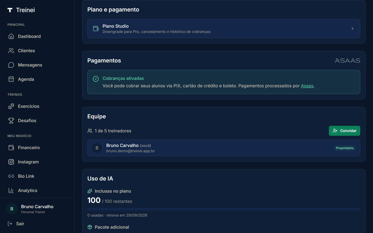Cartão "Equipe" em /settings mostrando o Owner Bruno Carvalho como único membro e botão "Convidar" no canto