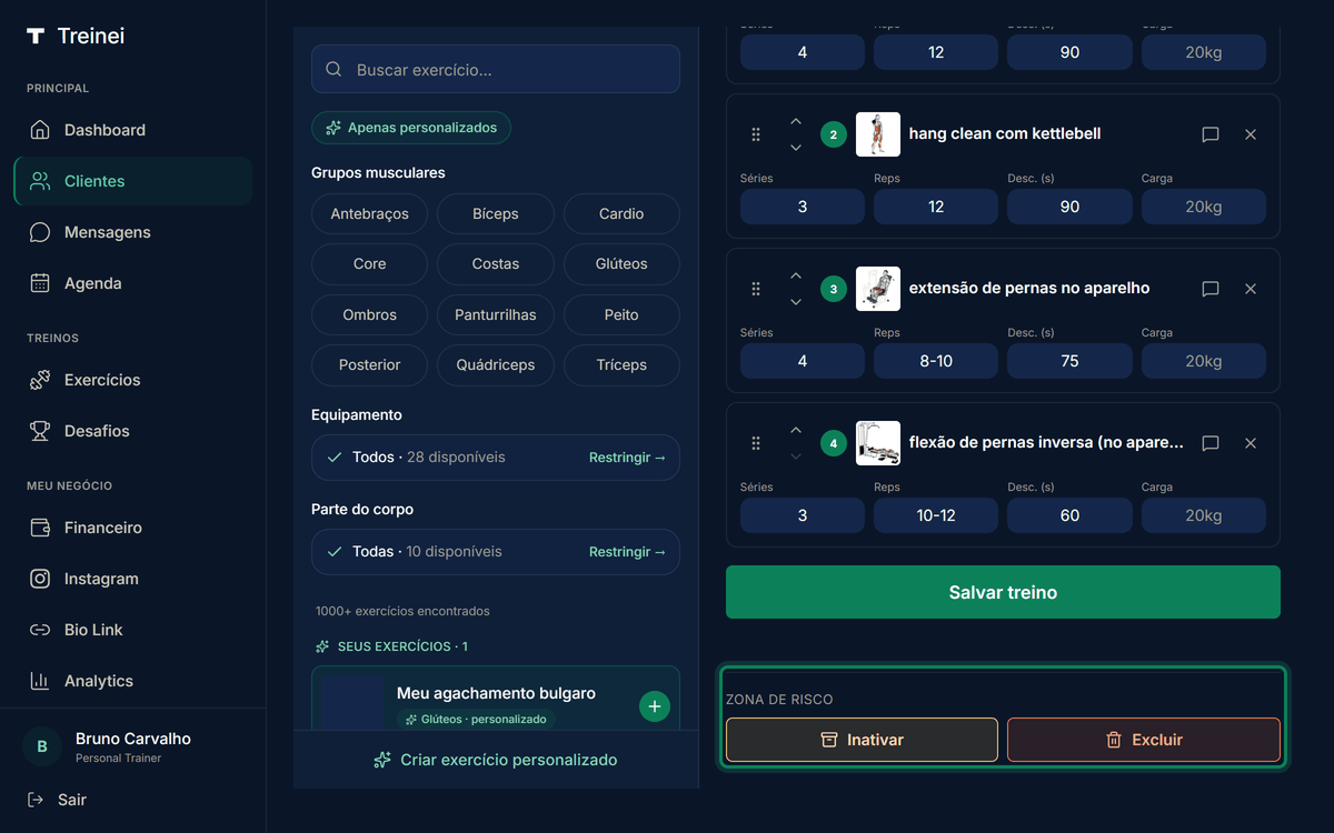 Editor de treino com a seção Zona de risco visível no rodapé, mostrando botão Inativar com fundo amarelo à esquerda e botão Excluir com fundo vermelho à direita