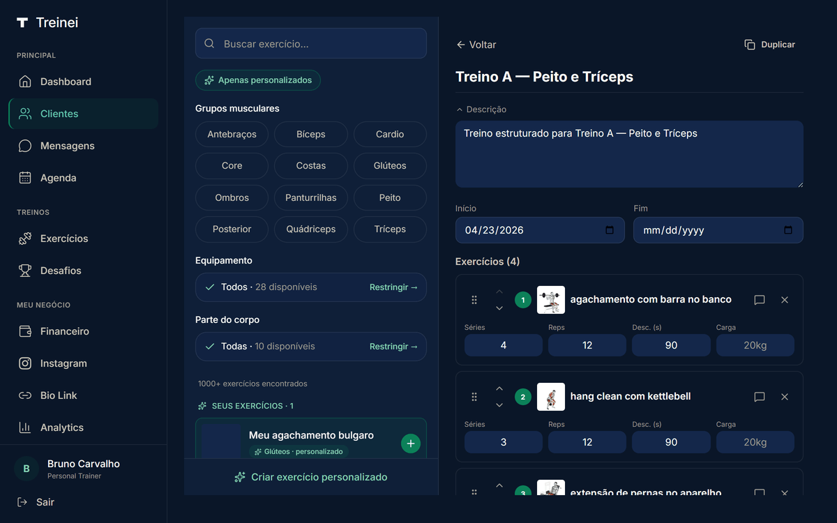 Editor de treino mostrando a coluna esquerda com pílulas de músculos canônicos, card de equipamento e seção "Seus exercícios" no topo da lista de resultados