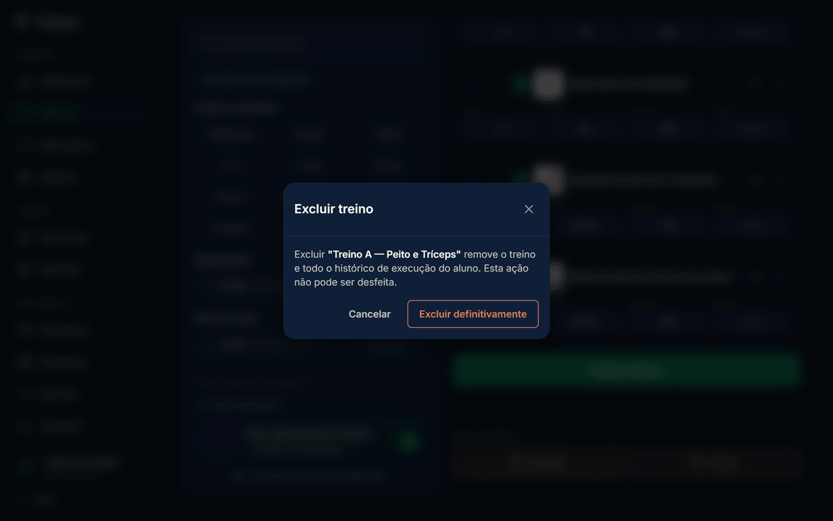 Modal Excluir treino com título, mensagem alertando que o treino e todo o histórico de execução do aluno serão removidos e que a ação não pode ser desfeita, e dois botões: Cancelar à esquerda e Excluir definitivamente à direita em vermelho