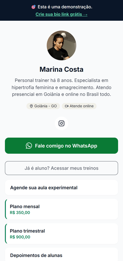 Prévia da bio link da Marina Costa no MeuCoach