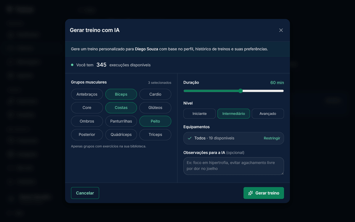 Modal de geração de treinos com IA no MeuCoach