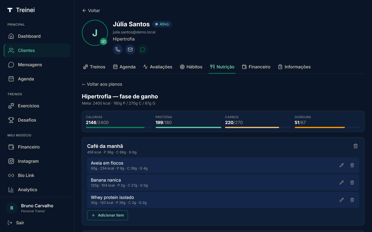 Editor de plano alimentar no MeuCoach